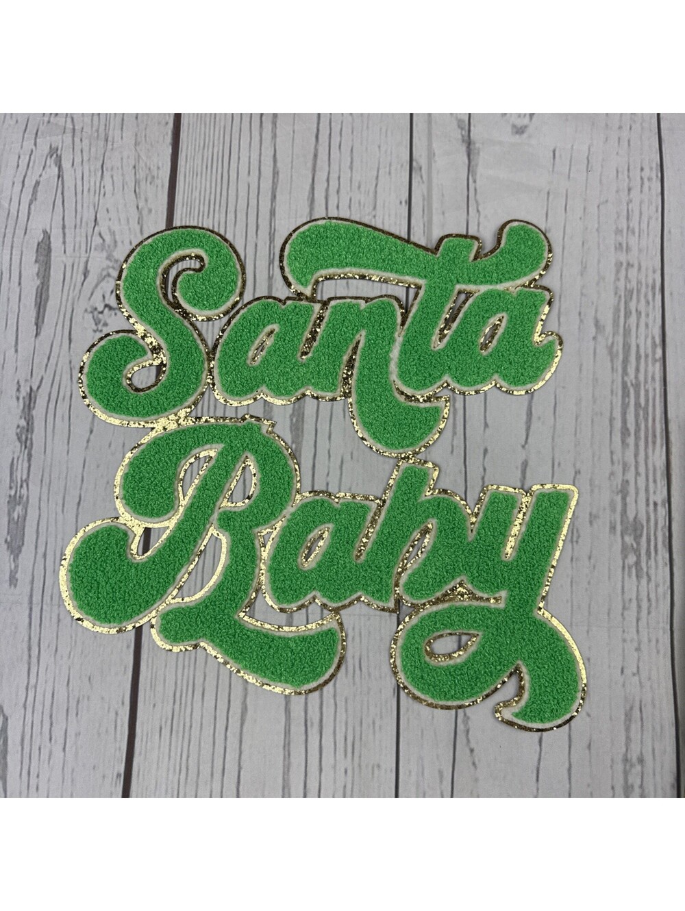 Chenille Iron-On Patch - 11 inch - Santa Baby - green Christmas holiday spirit